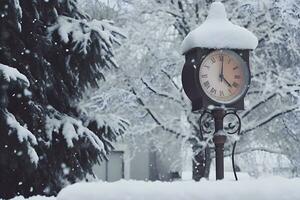 Clásico reloj al aire libre en invierno. neural red ai generado foto