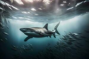 genial blanco tiburón posando en el profundo azul agua. neural red ai generado foto