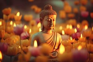 meditación Buda estatua con velas y loto. neural red ai generado foto
