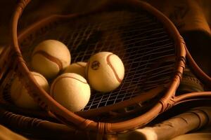 un Disparo de un tenis raqueta y un tenis pelota. neural red ai generado foto