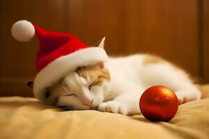 linda gatito duerme en un Navidad sombrero. neural red ai generado foto