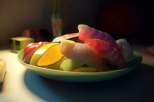 close-up view of delicious sushi set on slate boards. Neural network AI generated photo