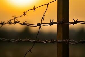 Barbed wire fence with Twilight sky to feel Silent and lonely and want freedom. Neural network AI generated photo