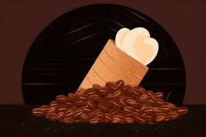 Chocolate ice cream cone ads, pouring chocolate toppings. Neural network AI generated photo