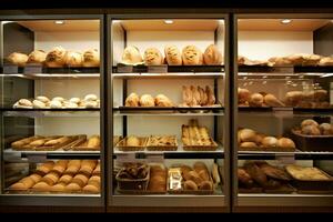 Fresh bread in the bakery. Neural network AI generated photo