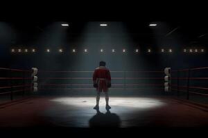 Boxer champion enjoying his victory on lights and standing back to the camera. Neural network AI generated photo