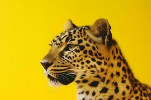 leopardo en un amarillo antecedentes. neural red ai generado foto