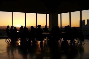 Stock market business and trading concept with group of people in office at sunset. Neural network AI generated photo