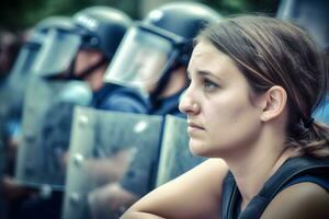 hembra activista protestando con megáfono durante un Huelga con grupo de demostrador en antecedentes. mujer protestando en el ciudad. neural red ai generado foto