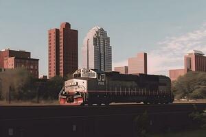 Cargo train platform with freight train container at depot. Neural network AI generated photo