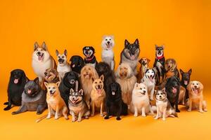 a group of dogs on an orange background. Neural network AI generated photo