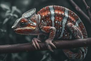 Beautiful of chameleon panther, chameleon panther on branch. Neural network AI generated photo