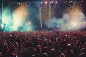 silhouettes of concert crowd in front of bright stage lights. Neural network AI generated photo