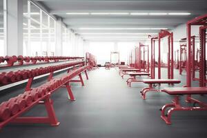 Modern of gym interior with equipment. Sports equipment in the gym. Neural network AI generated photo