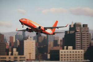 comercial avión volador terminado moderno ciudad. neural red ai generado foto