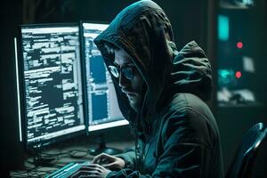 Dangerous Hooded Hacker Breaks into Government Data Servers and Infects Their System with a Virus. Neural network generated art photo