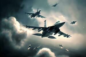 Formation of destroyer jets float in sky during aviation battle. Neural network generated art photo