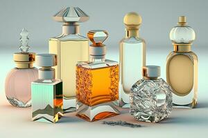 diferente lujo perfume botellas en blanco antecedentes. neural red generado Arte foto