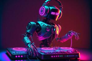 Robot disc jockey at the dj mixer and turntable plays nightclub during party. EDM entertainment party concept. Neural network generated art photo