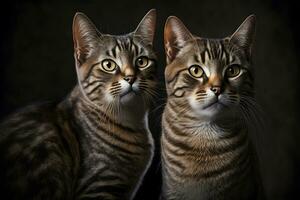 Portrait of two domestic cats with tabby fur outdoors with dark background. Neural network generated art photo