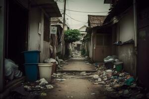 Ghetto city back alley with dirt rubbish and poor residental houses. Neural network generated art photo