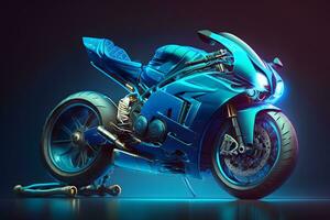 Futuristic custom angled light motorcycle concept with glowing blue tones. Neural network generated art photo