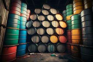 Stacks of oil barrels in oil refinery warehouse. Neural network generated art photo