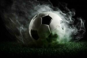 Traditional soccer ball on soccer field on green grass with dark toned foggy background. Neural network generated art photo