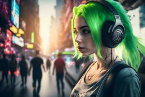 retrato de joven niña con verde pelo escuchando música con auriculares en ciudad calle. neural red generado Arte foto