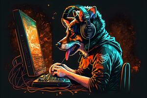 Dog as video game live stream gamer use PC computer for entertainment. Neural network generated art photo