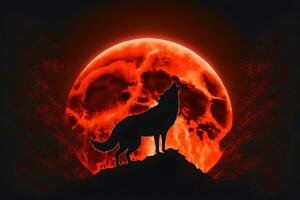 Howling wolf against the full moon background and the wilderness. Neural network generated art photo