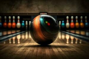 Bowling ball lies on lane start position for bowling game in club. Neural network generated art photo