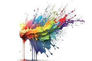 Abstract paint color splatter isolated on white background. Bunch of liquid paint in many colours in splash moment. Neural network generated art photo