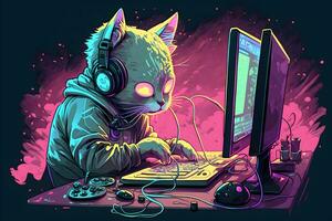 Cat as video game live stream gamer use PC computer for entertainment. Neural network generated art photo