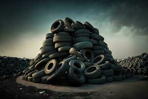 Big pile of used old car tires for recycling. Neural network generated art photo