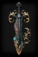 Medieval sword and scabbard. Fantasy golden sword with long blade. Neural network generated art photo