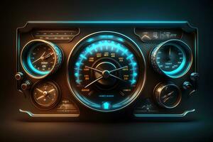 Modern luxury sport car speed control dashboard with blue light. Neural network generated art photo