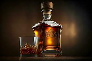 antiguo whisky vaso cerca a Clásico botella en de madera mesa. neural red generado Arte foto