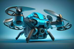 Realistic quadrocopter drone with propeller fans on glowing blue background. Neural network generated art photo