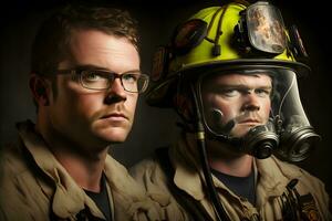 Portrait of firefighters dirty faces in special helmets and firefighters uniforms. Neural network generated art photo