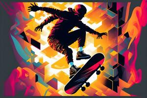 Abstract extreme sports lover performs leap into infinity with fictional skateboard or snowboard. Neural network generated art photo