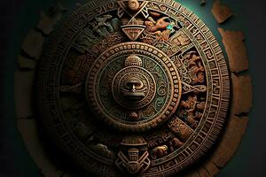 cerca ver de el antiguo azteca maya calendario con redondo modelo y alivio en Roca superficie. neural red generado Arte foto