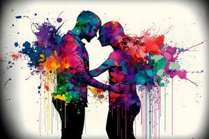 Young couple in love silhouette with watercolor paint splashes. Neural network generated art photo