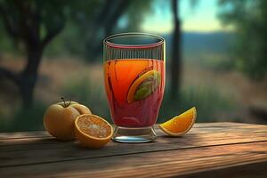 Glass of abstract fruit juice with fresh fruits on wooden table with summer field background. Neural network generated art photo