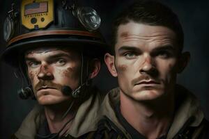 Portrait of firefighters dirty faces in special helmets and firefighters uniforms. Neural network generated art photo