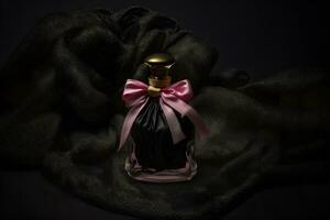 botella de de los hombres perfume con negro satín tela. neural red generado Arte foto