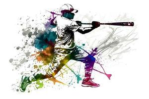 béisbol jugador con multicolor acuarela chapoteo, aislado en blanco antecedentes. neural red generado Arte foto