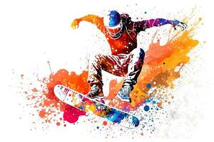 Man snowboarder jump on snowboard with rainbown watercolor splash isolated on white background. Neural network generated art photo