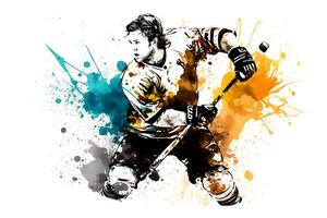 Sportsman playing hockey on watercolor rainbow splash. Neural network generated art photo