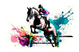 Race horse with jockey on watercolor splatter background. Neural network generated art photo